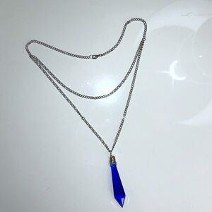 Hand Crafted Wire Wrapped Blue Glass Chandelier Crystal Double Chain Necklace